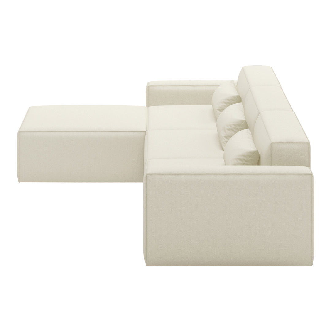 Cream-colored modern sectional sofa with a smooth, minimalist design and subtle tufted cushions. Perfect for contemporary decor.