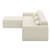 Cream-colored modern sectional sofa with a smooth, minimalist design and subtle tufted cushions. Perfect for contemporary decor.