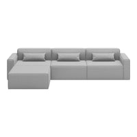 Gray sectional sofa with a modern design and smooth, textured upholstery. Includes matching cushions for added comfort.