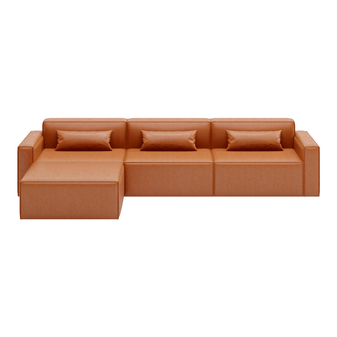 Modern sectional sofa in warm brown leather with smooth texture and minimalist design. Perfect for contemporary decor.