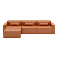 Modern sectional sofa in warm brown leather with smooth texture and minimalist design. Perfect for contemporary decor.