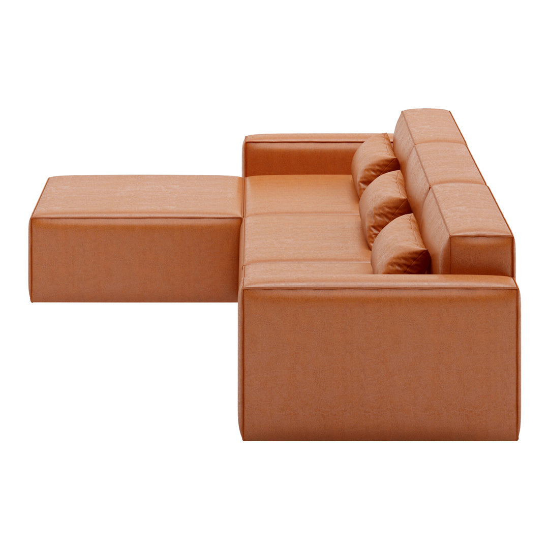 Modern orange leather sofa with clean lines and smooth texture, featuring a minimalist design and three plush cushions.