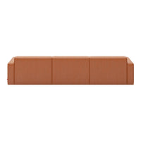 "Solid rust-colored sofa with a sleek, modern design and smooth, textured fabric."