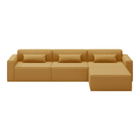 Modern L-shaped sofa in a warm mustard yellow with sleek, minimalist design and plush cushions.