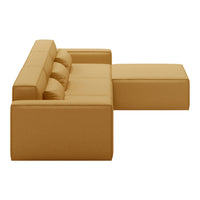 Modern sectional sofa in warm mustard yellow fabric with a smooth, minimalist design and plush cushions.