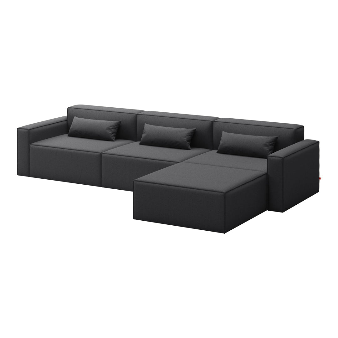 Modern black sectional sofa with sleek lines and solid, minimalist design. Perfect for contemporary living spaces.