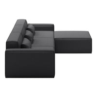 Black leather sofa with sleek lines and smooth texture, featuring three plush cushions and a minimalist design.
