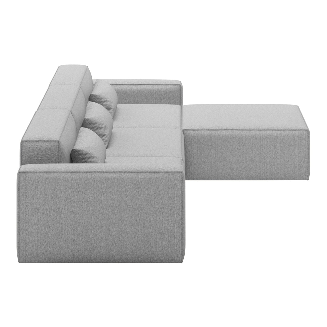 Gray sectional sofa with a sleek, modern design and subtle texture, featuring three rounded cushions for added comfort.