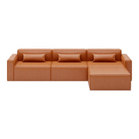 Brown leather sectional sofa with smooth texture and minimalist design, featuring matching throw pillows.