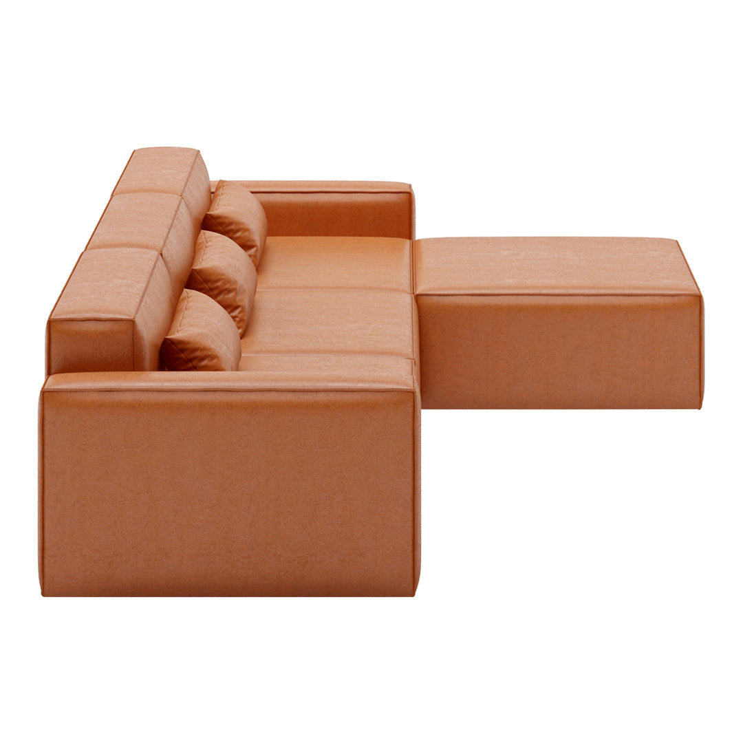 Modern orange sofa with clean lines and smooth leather texture, featuring three plush cushions and a minimalist design.