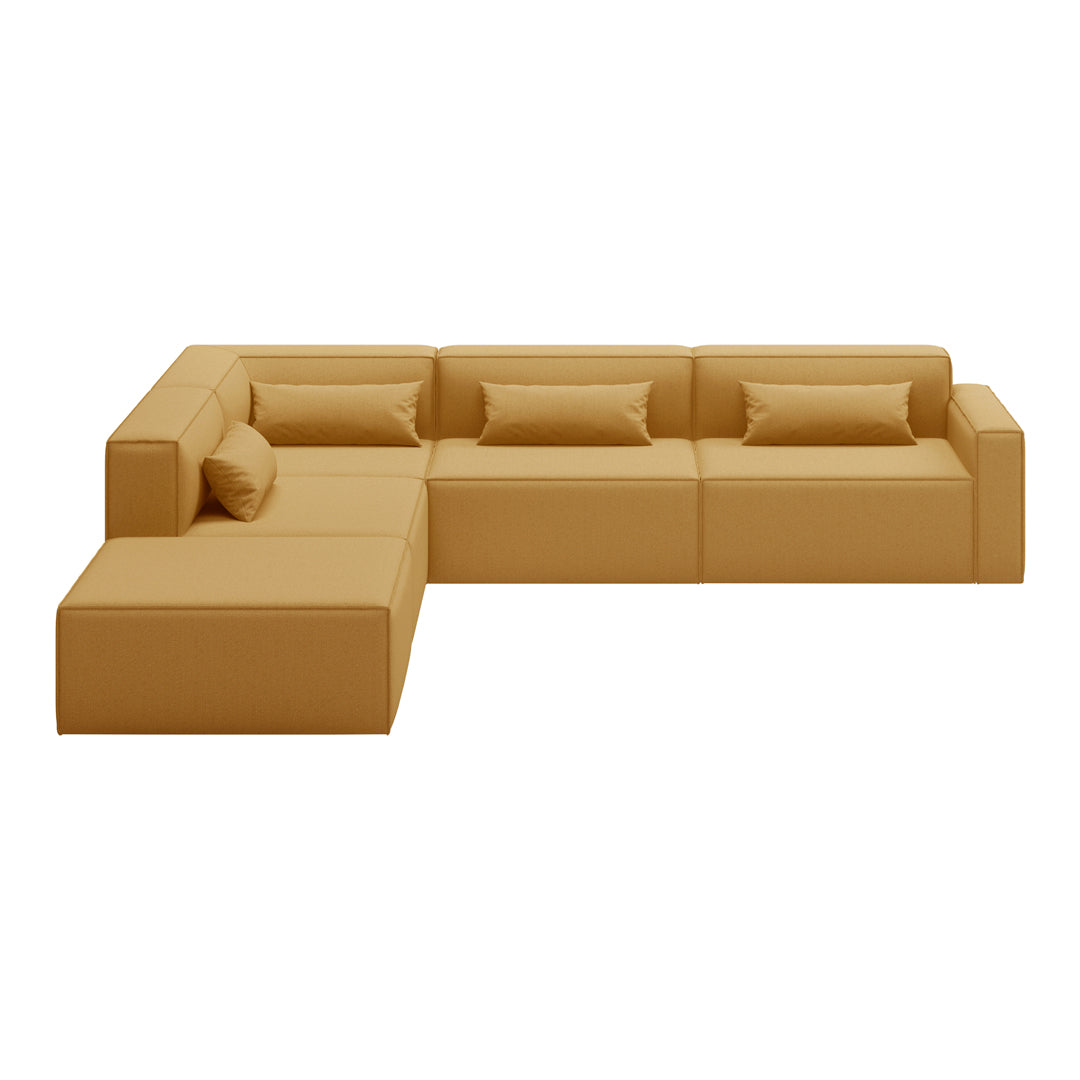 Modern L-shaped sofa in warm honey brown with smooth, solid fabric and plush cushions for added comfort.