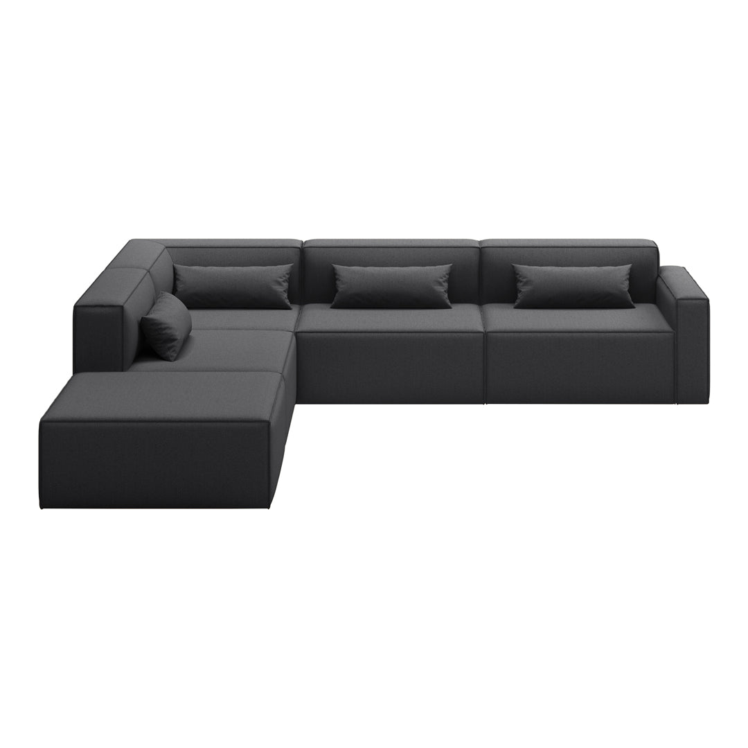 Modern black leather sectional sofa with clean lines and minimalistic design. Stylish and versatile for any living space.