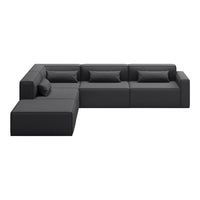 Modern black leather sectional sofa with clean lines and minimalistic design. Stylish and versatile for any living space.