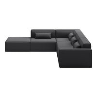"Modern black sectional sofa with smooth leather finish and minimalistic design, featuring plush cushions."