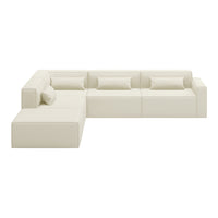 L-Shaped modern sofa in sleek ivory with smooth, solid upholstery and plush cushions for a minimalist look.