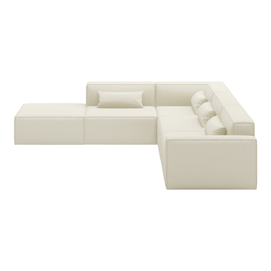 Modern L-shaped sectional sofa in soft white fabric with sleek lines and minimalistic design. Neutral and versatile decor.