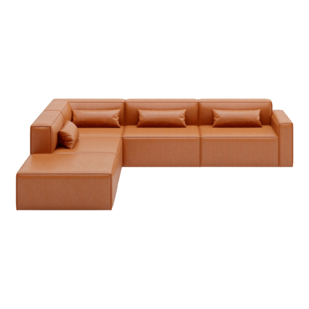 L-shaped modern sofa in rich orange leather with smooth texture and minimalist design. Perfect for contemporary decor.