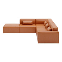 Stylish sectional sofa in warm tan leather with smooth, minimalist lines and a modern design.