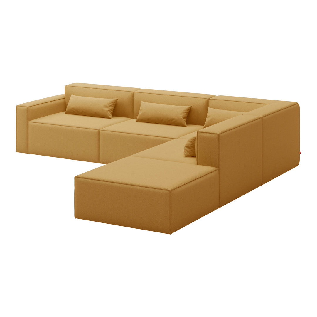 Modern sectional sofa in warm mustard yellow with clean lines and minimalistic design, perfect for contemporary spaces.