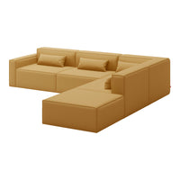 Modern sectional sofa in warm mustard yellow with clean lines and minimalistic design, perfect for contemporary spaces.