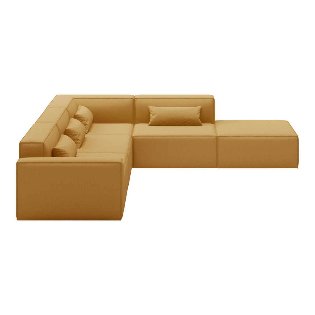 Beige modular sectional sofa with square cushions and sleek lines, ideal for modern living spaces.