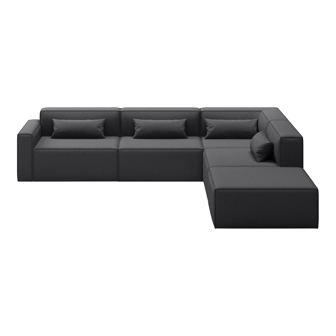 Black sectional sofa with a sleek, modern design and soft, smooth leather upholstery, featuring clean lines and minimal patterns.
