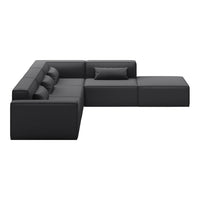 Modern black sectional sofa with sleek, minimalist design and smooth leather upholstery.