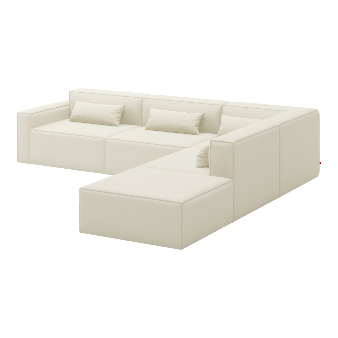 L-shaped sectional sofa in soft cream faux leather with smooth lines and minimalist design for modern decor.