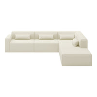 Cream-colored modern sectional sofa with smooth, minimalist design and matching cushions. Ideal for contemporary spaces.