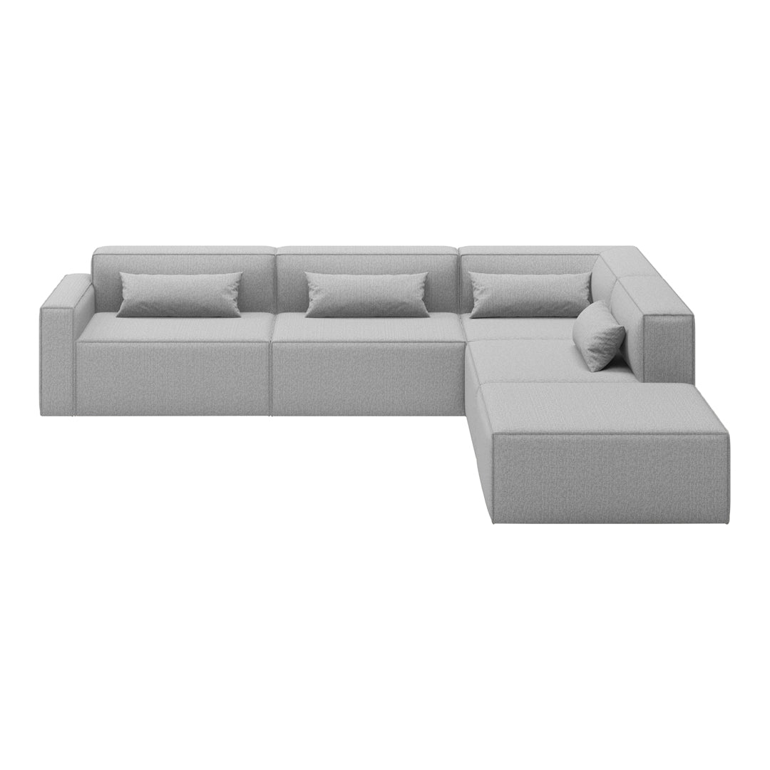 Modern L-shaped sofa in light gray fabric with clean lines and subtle texture, featuring matching throw pillows.