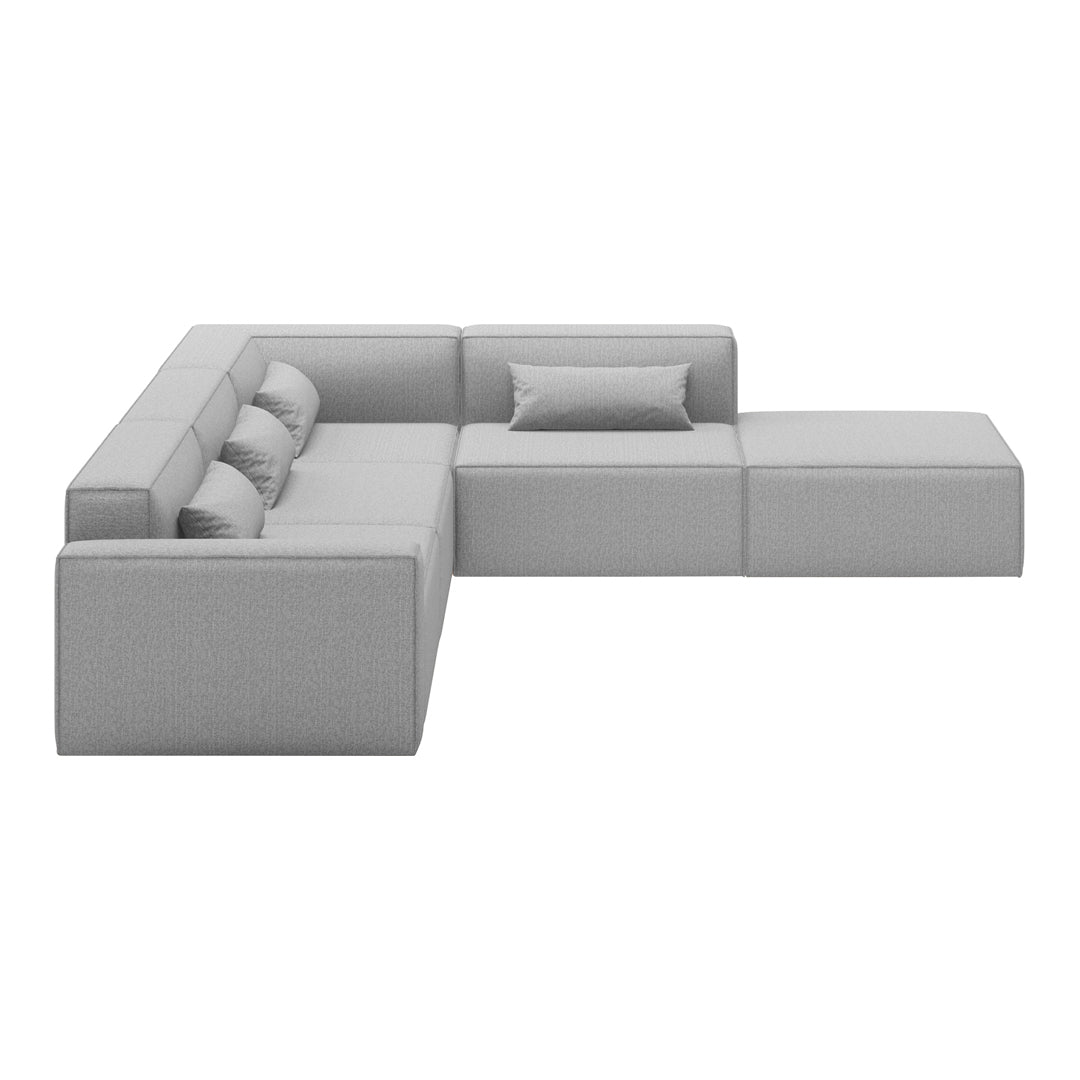Modern L-shaped sectional sofa in light gray fabric with smooth texture and minimalistic design.