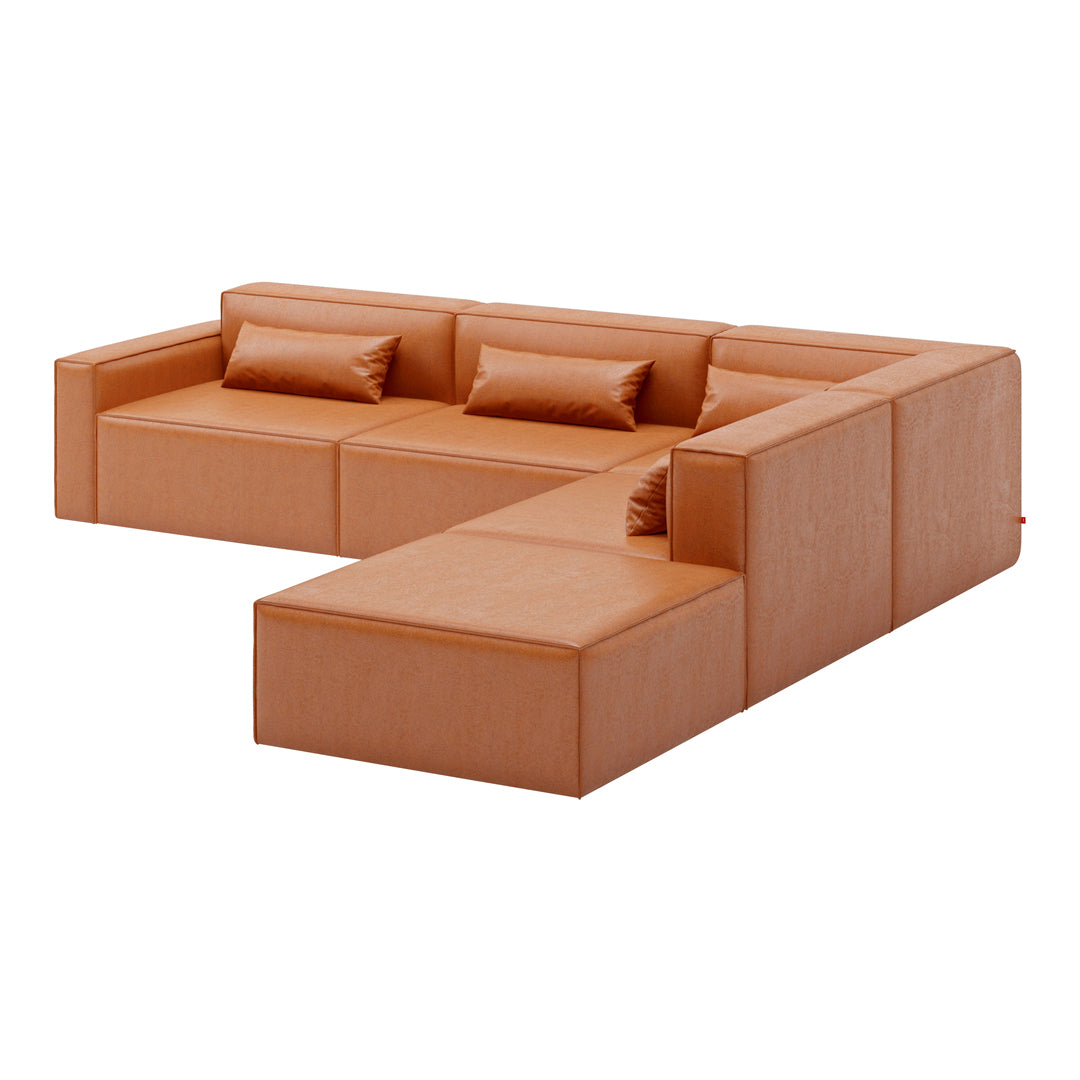 Modern L-shaped sofa in warm orange leather with minimalist design and smooth, clean lines. Perfect for contemporary decor.