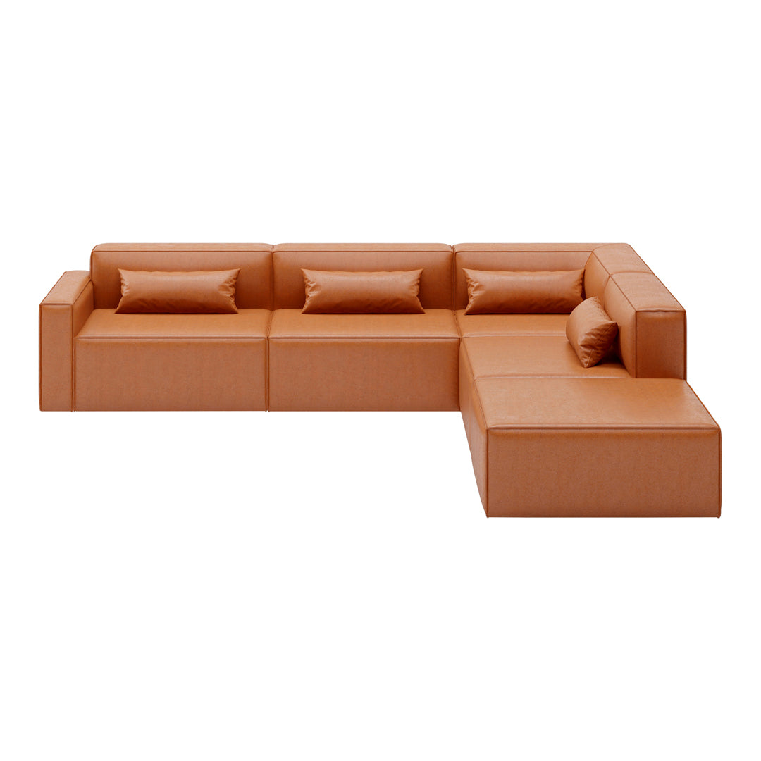 "Modern L-shaped sectional sofa in rich tan leather with smooth texture and subtle stitching details."