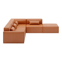 Modern sectional sofa in warm orange with smooth, minimalist design and plush cushions. Perfect for contemporary decor.