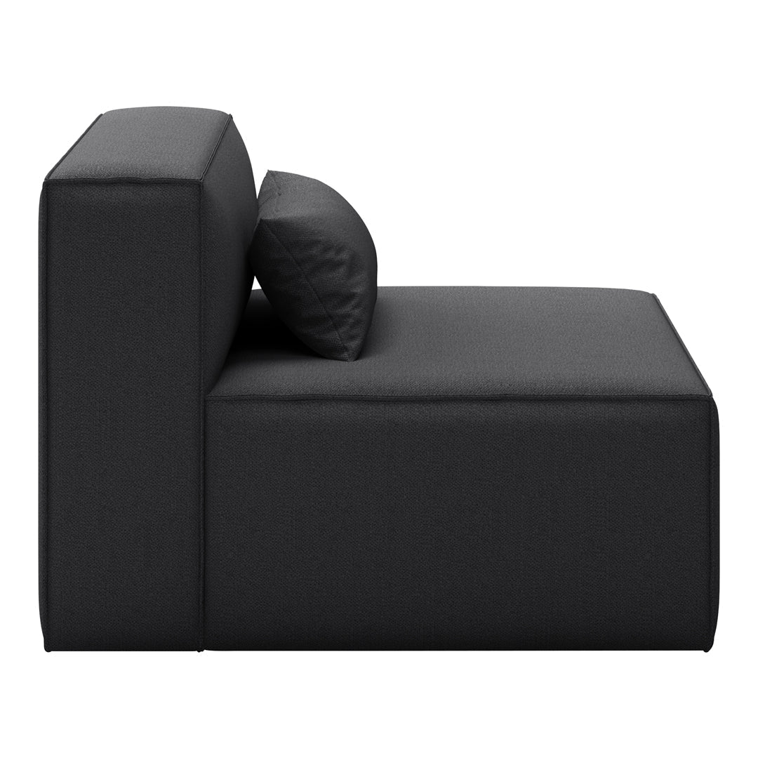 Black upholstered modular sofa with a sleek, minimalist design and a matching cushion.
