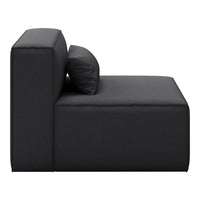 Black upholstered modular sofa with a sleek, minimalist design and a matching cushion.