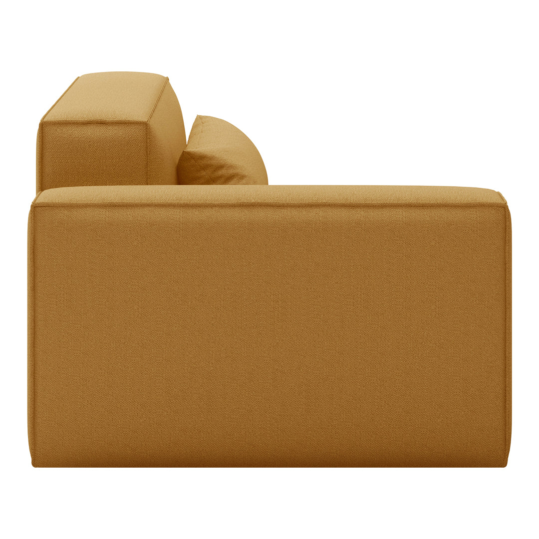 Sleek mustard yellow sofa with a modern, minimalist design and soft fabric texture.