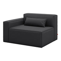 Black modern armchair with clean lines and a minimalist design, featuring a plush cushion for added comfort.