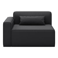 Black fabric loveseat with clean lines and a smooth texture, featuring a matching rectangular cushion.