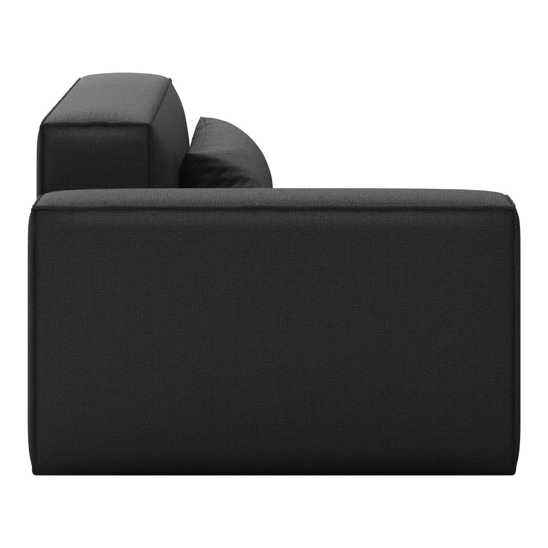 Black upholstered sofa with a sleek, minimalist design and smooth texture, perfect for modern interiors.