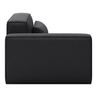 Black upholstered sofa with a sleek, minimalist design and smooth texture, perfect for modern interiors.