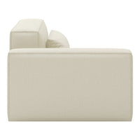 Light beige sectional sofa with a smooth, textured fabric finish, featuring minimalist design and clean lines.