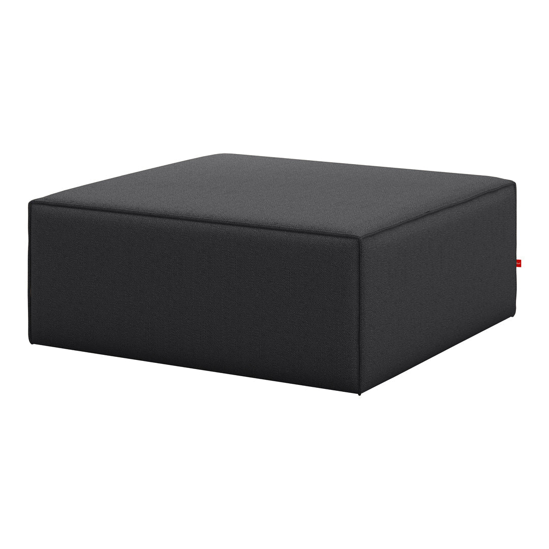 Black square ottoman with a sleek, minimalist design and smooth fabric texture, perfect for modern decor.