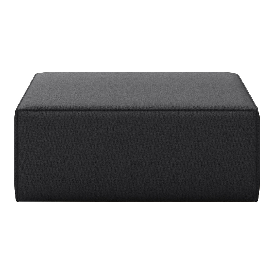 Sleek black upholstered ottoman with a smooth, minimalistic surface design. Ideal for modern interiors.