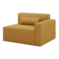 Cozy mustard yellow armchair with a simple, modern design and a soft, matching pillow.