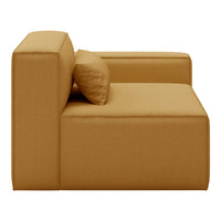 Mustard yellow sofa section with a minimalist design and a matching cushion for added comfort.