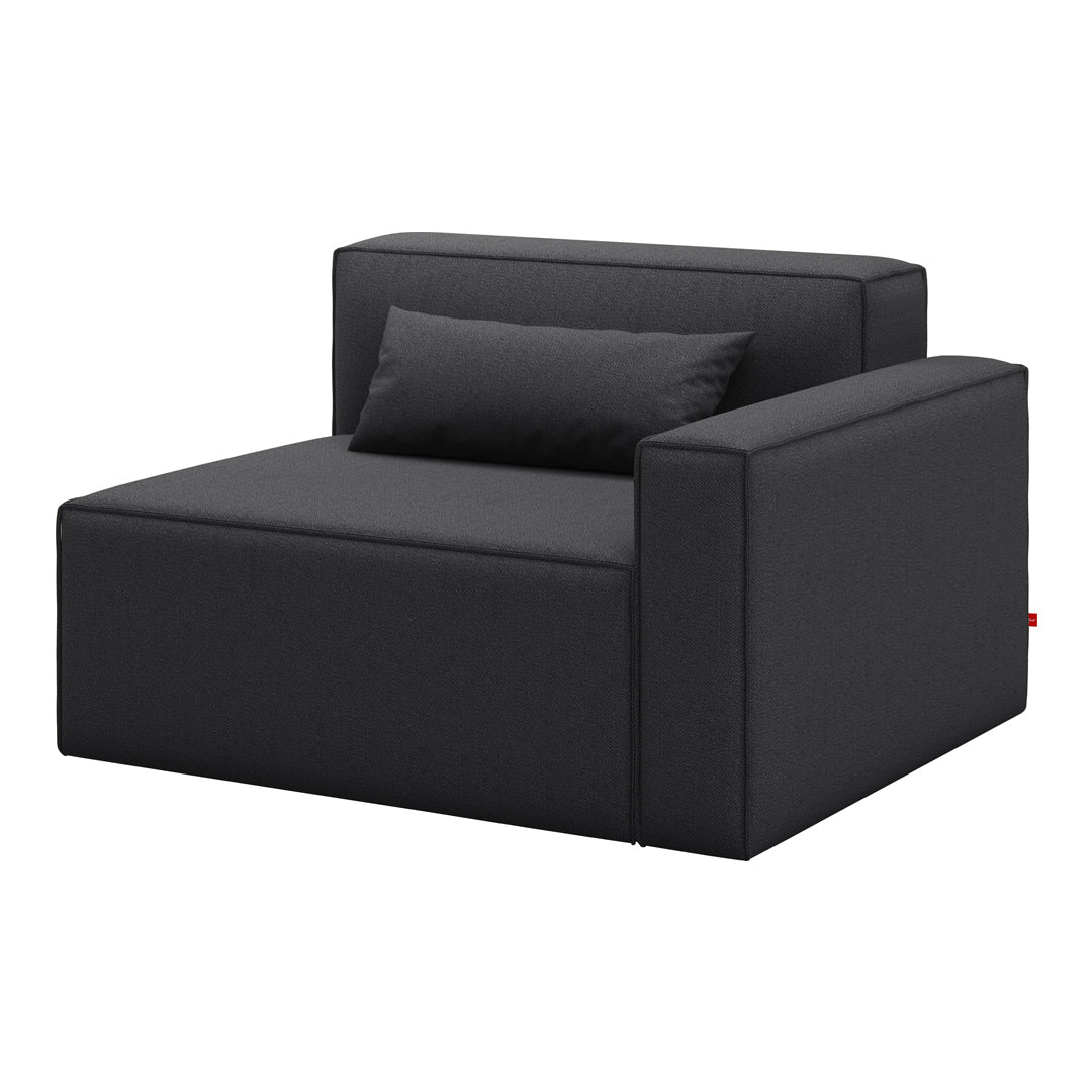 Modern black upholstered armchair with clean lines and a minimalist design, featuring a matching cushion.
