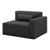 Modern black upholstered armchair with clean lines and a minimalist design, featuring a matching cushion.