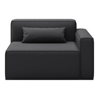 Stylish black upholstery sofa with a sleek, modern design and a matching textured cushion.
