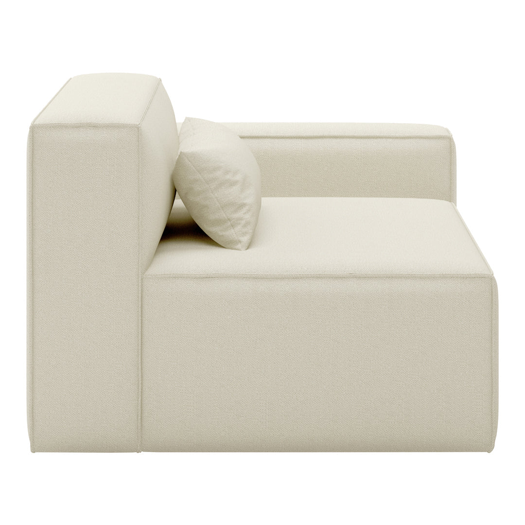 Beige sectional sofa with a minimalist design and textured fabric, featuring a matching throw pillow.